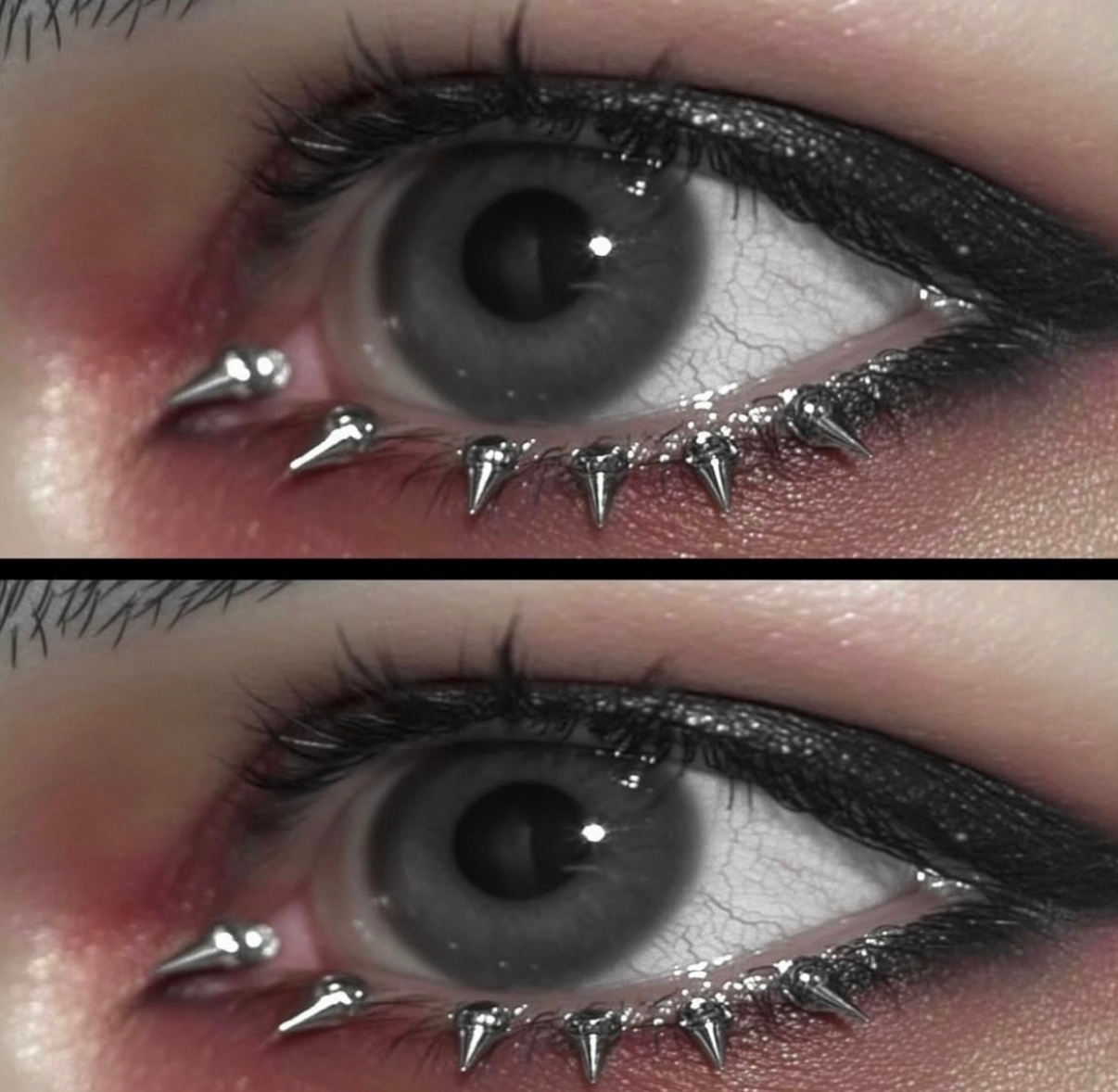 Silver spike stud eyelashes with expressive alt eye makeup and black eyeliner